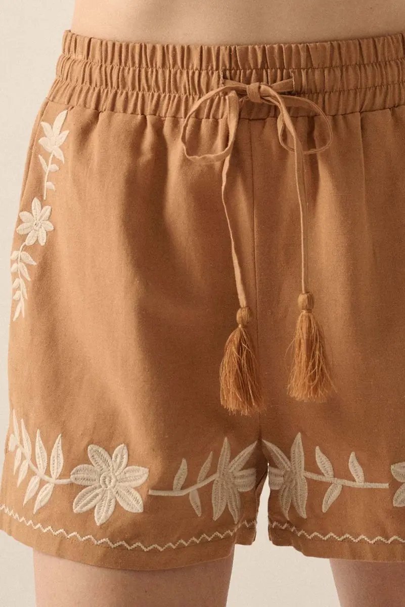 Khaki Embroidered Boho Tasseled Drawstring Elastic Waist Shorts - Love Salve